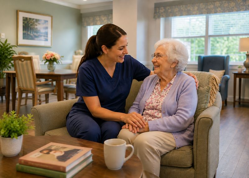 Caring staff with resident at Belhaven Nursing & Rehabilitation